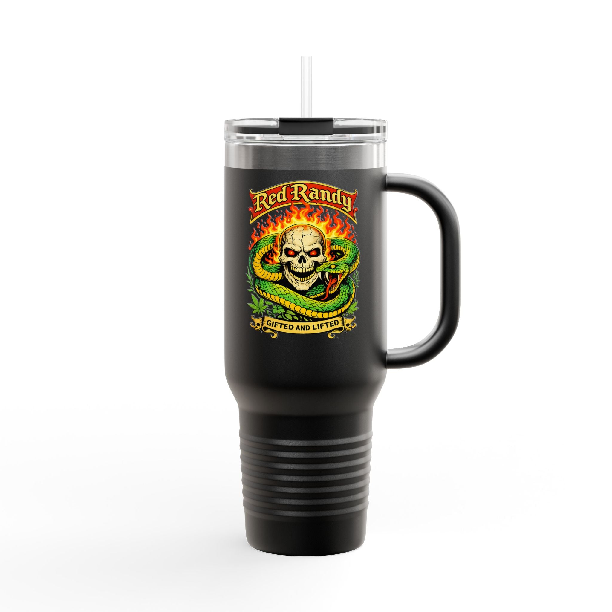 40oz Insulated Travel Mug - 'Red Randy' Skull & Snake Design, Spill‑Proof Tumbler