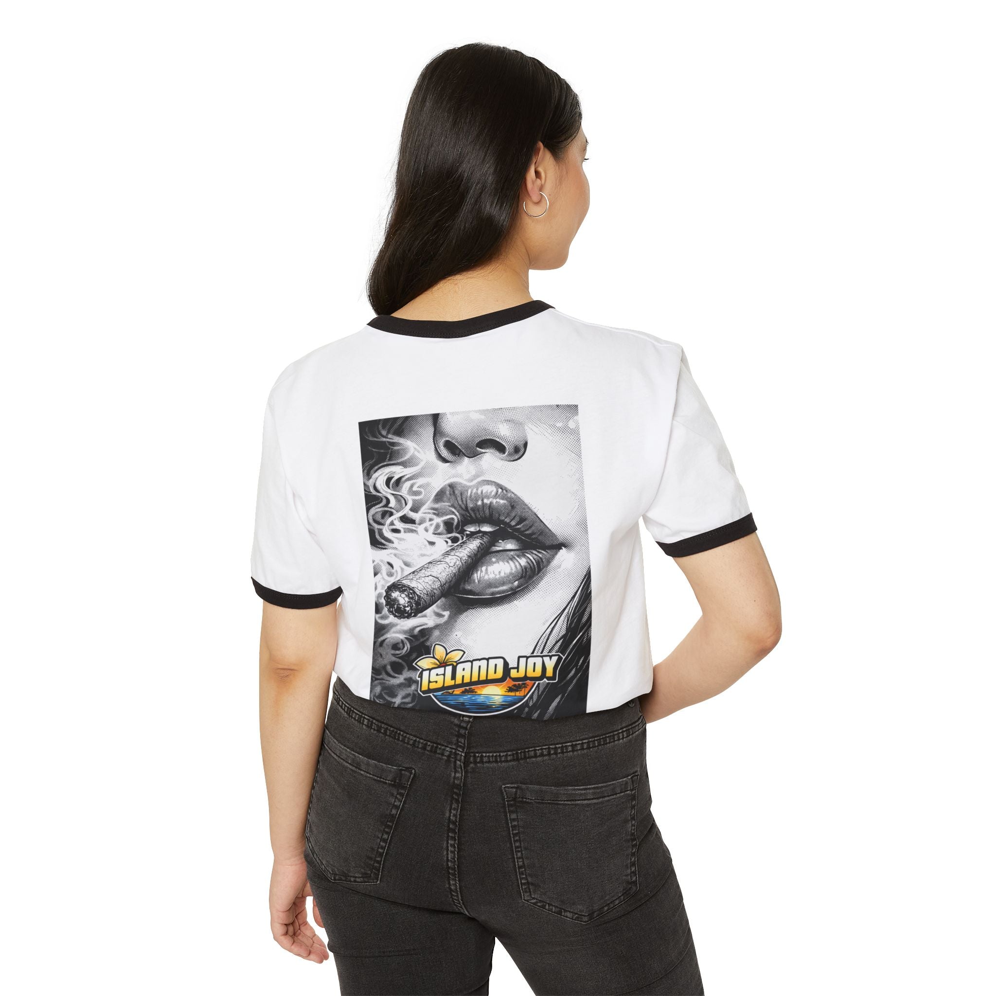 Island Joy Ringer T-Shirt — Retro Cigarette Art Chest Logo