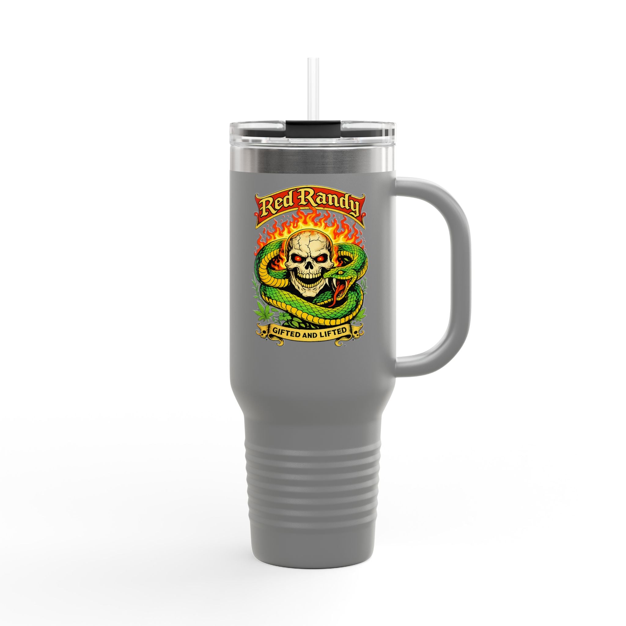 40oz Insulated Travel Mug - 'Red Randy' Skull & Snake Design, Spill‑Proof Tumbler