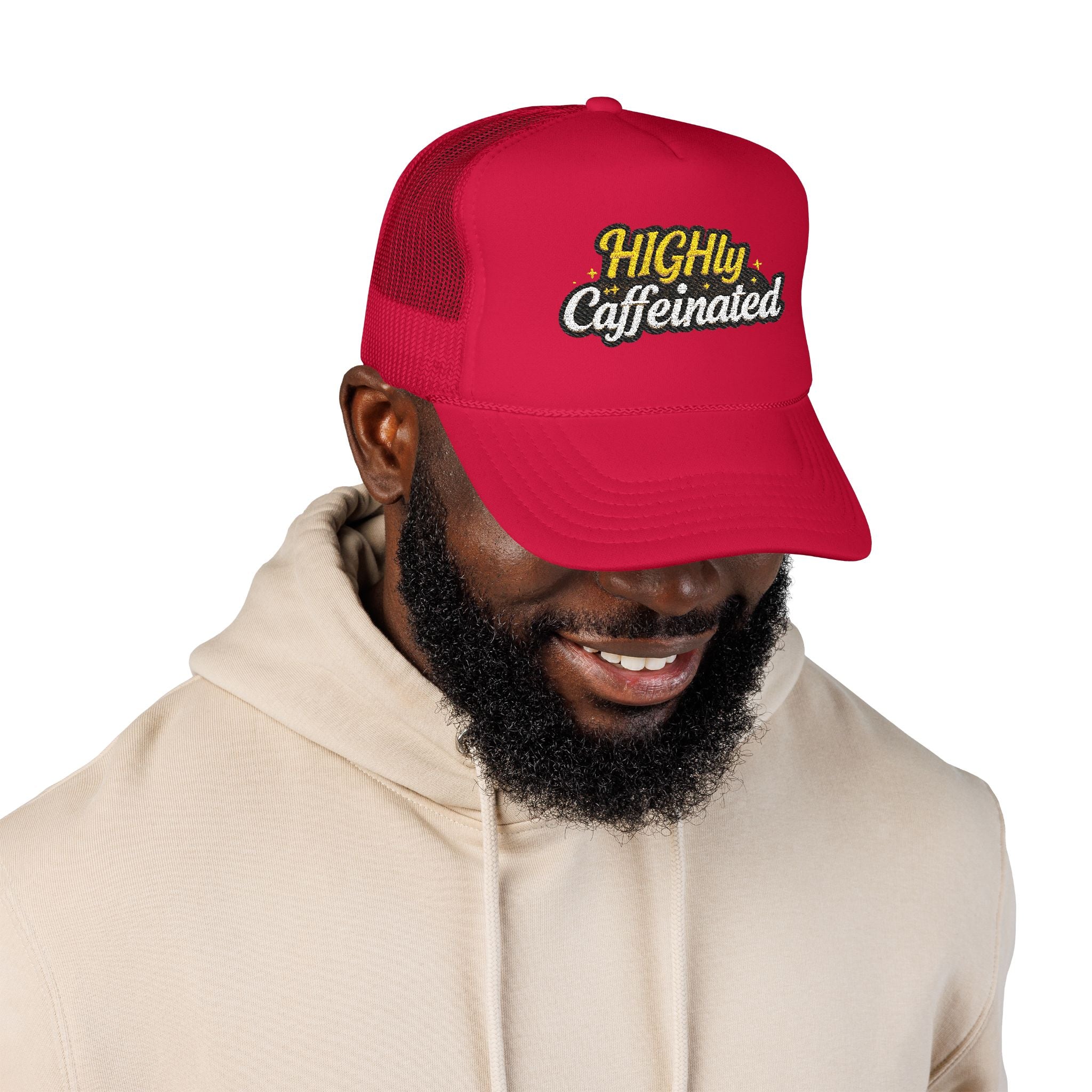 Trucker Hat — "Highly Caffeinated" Embroidered Foam Cap