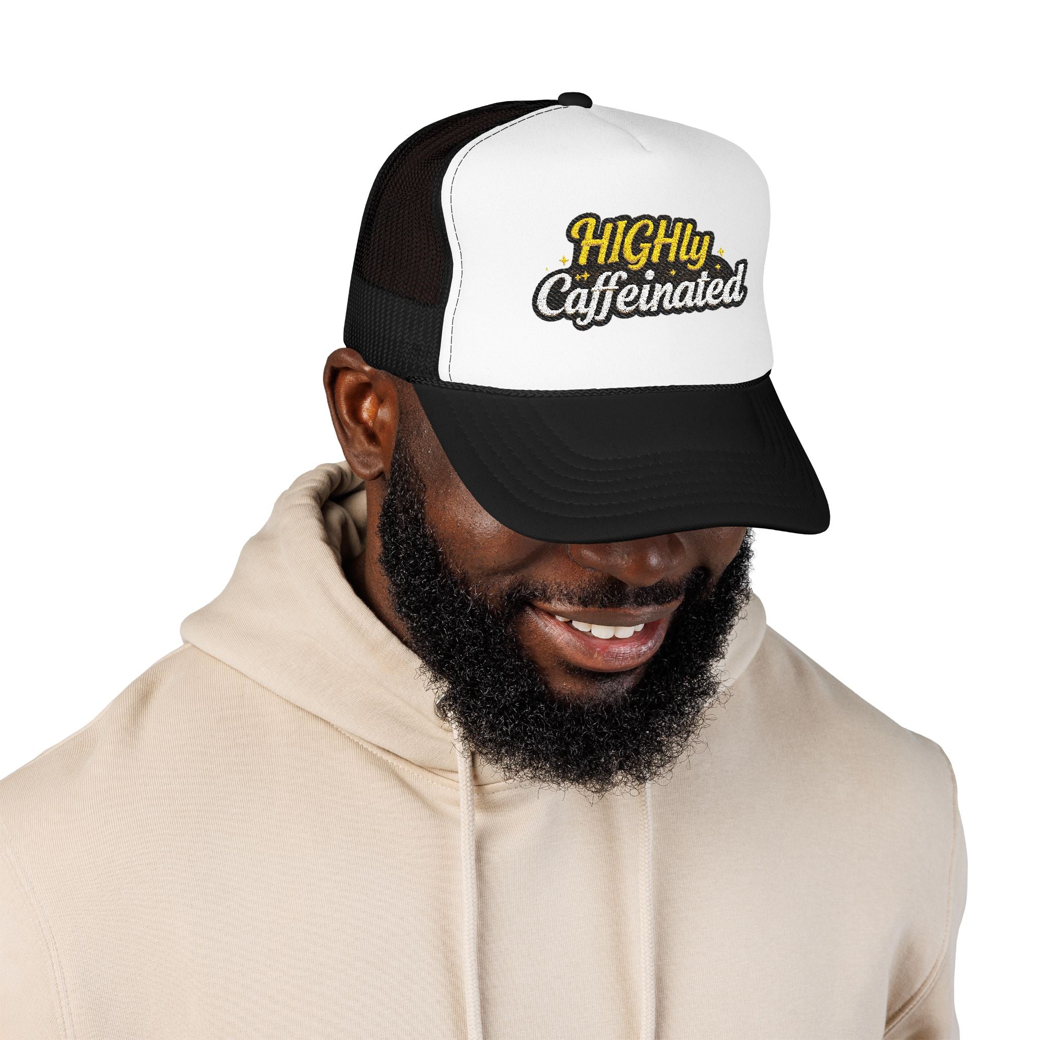 Trucker Hat — "Highly Caffeinated" Embroidered Foam Cap