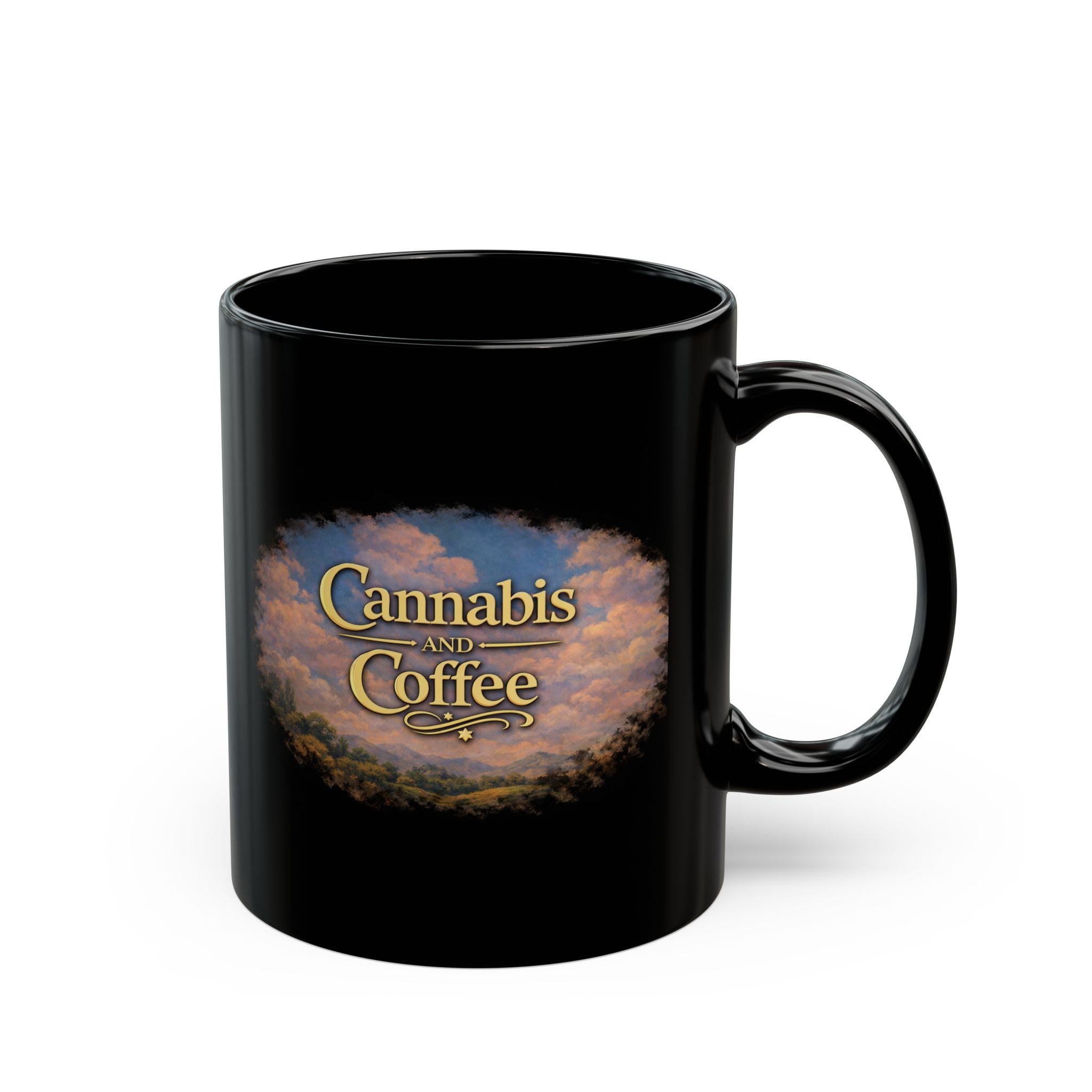 Cannabis and Coffee Black Mug — 11oz/15oz Coffee Cup for Cannabis Enthusiasts