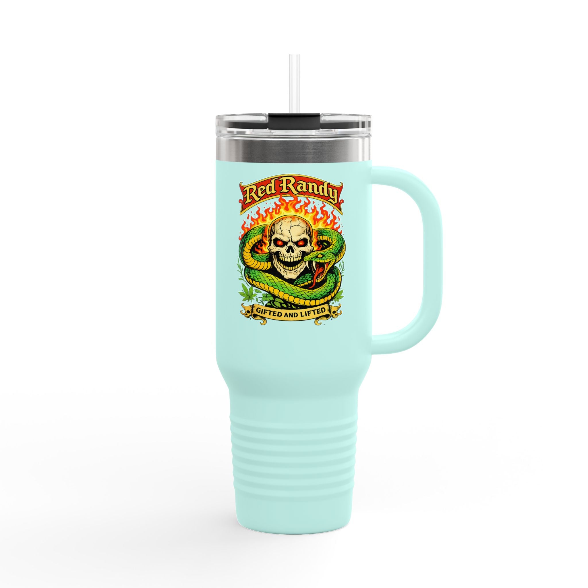 40oz Insulated Travel Mug - 'Red Randy' Skull & Snake Design, Spill‑Proof Tumbler