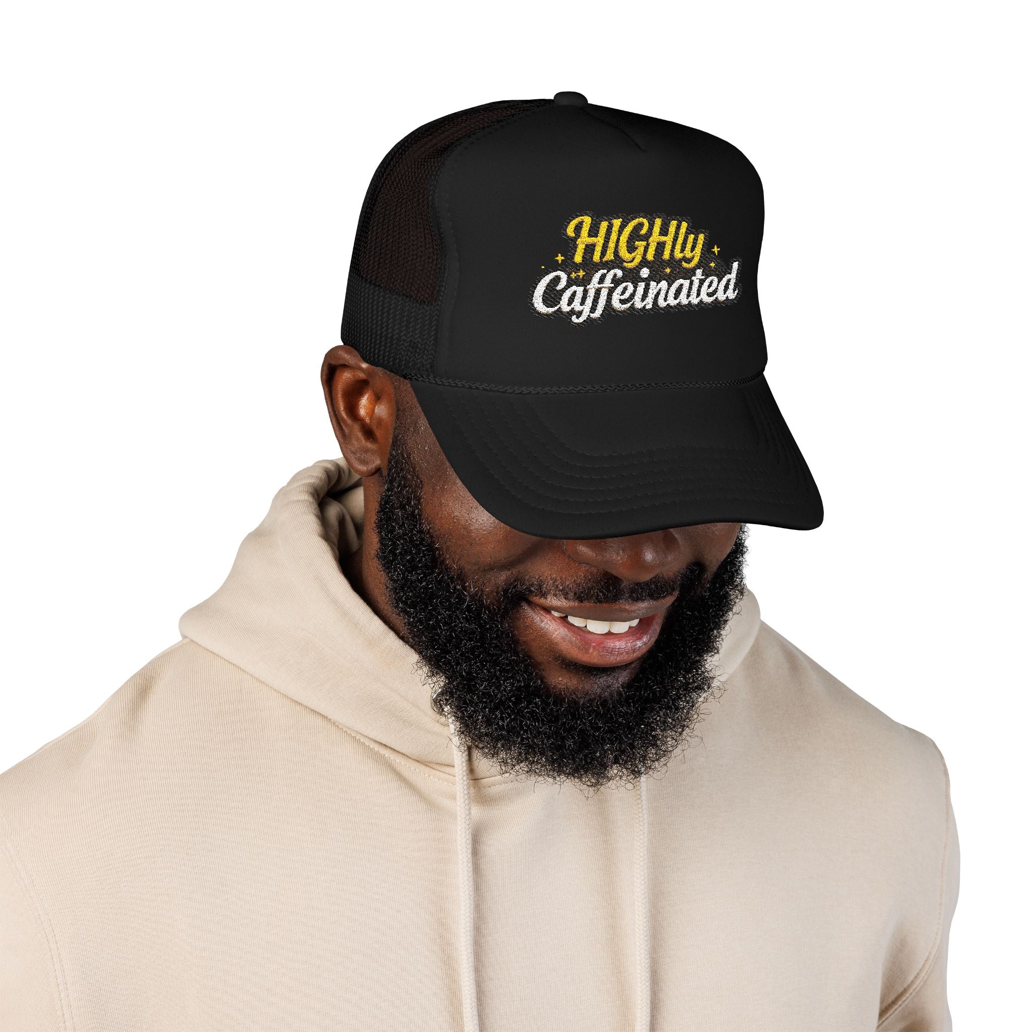 Trucker Hat — "Highly Caffeinated" Embroidered Foam Cap