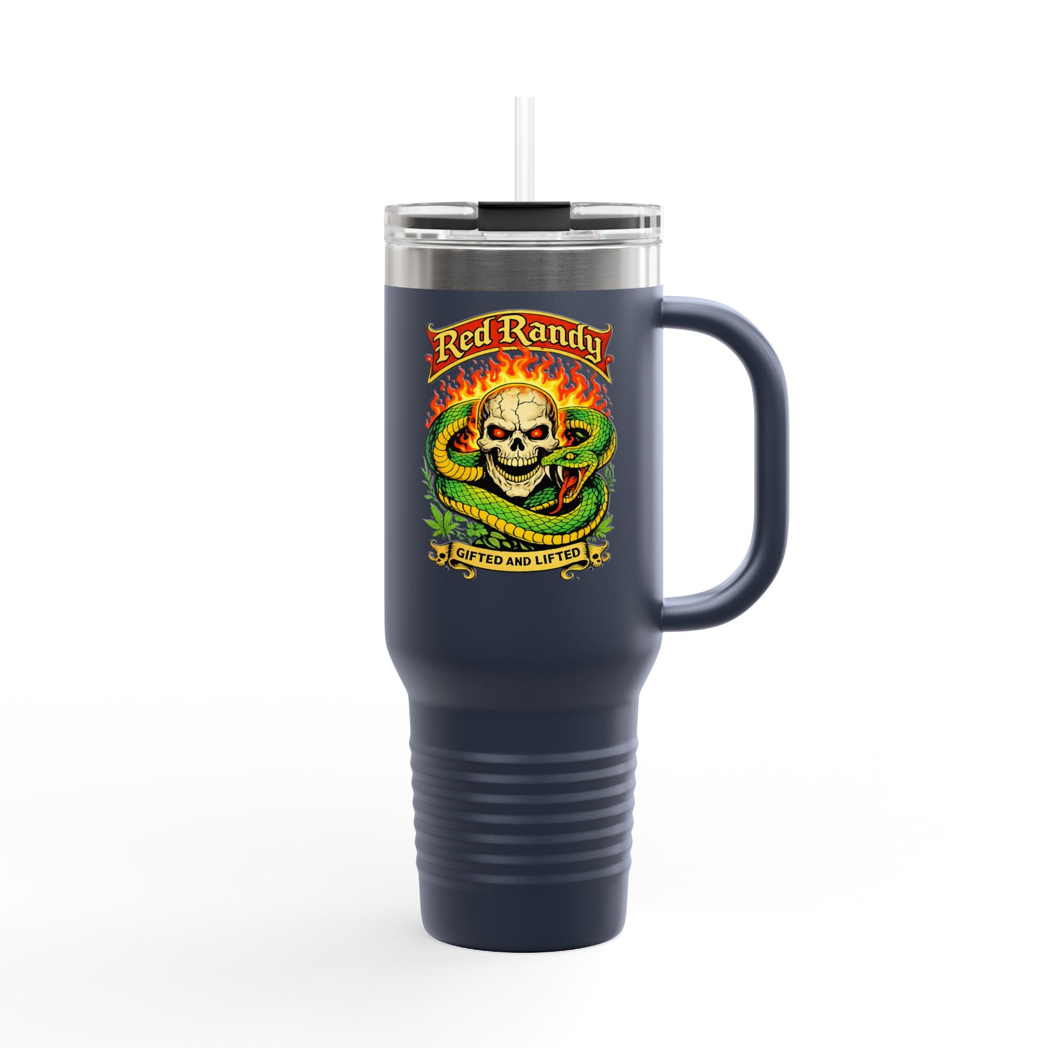 40oz Insulated Travel Mug - 'Red Randy' Skull & Snake Design, Spill‑Proof Tumbler