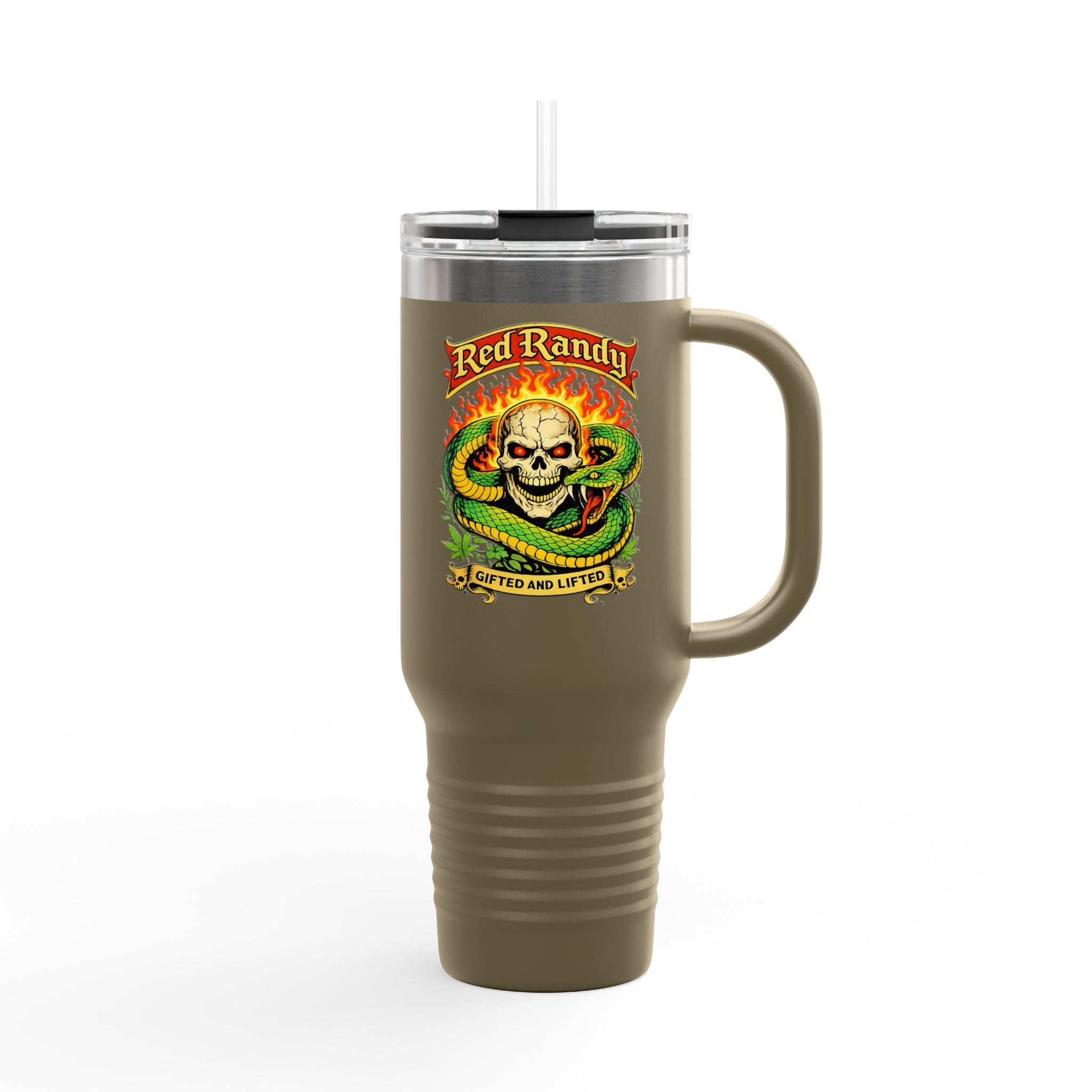 40oz Insulated Travel Mug - 'Red Randy' Skull & Snake Design, Spill‑Proof Tumbler